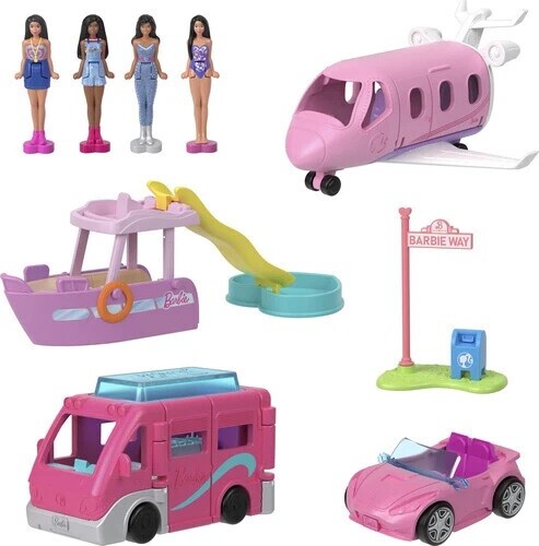 Barbie Set 4 Bambole e 4 Veicoli amicizia e avventura in movimento